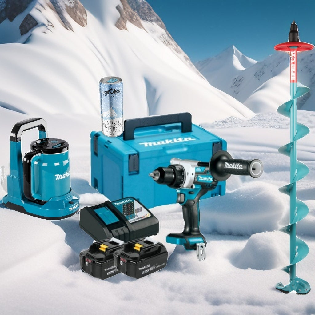 Makita Isborrpaket Borrskruvdragare DDF486RTJ + Isborr + 2x5AH + laddare+ vattenkokare + Latitude 65 Dryck