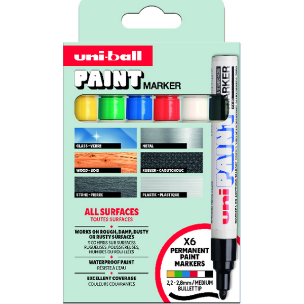 uni-ball Paint Marker PX-20 lackmärkpennor, 6 färger – 2,2–2,8 mm – förpackning och leveransomfattning