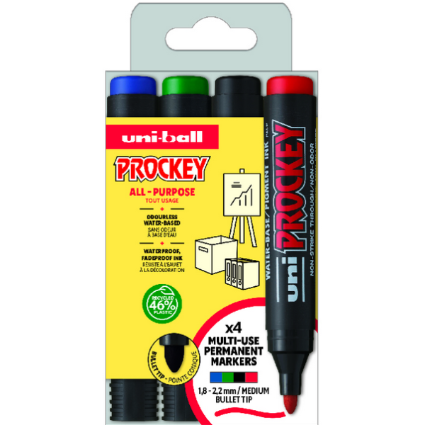 uni-ball Prockey PM-122 märkpennor, 4 färger – vattenbaserade, PFP – förpackning och leveransomfattning