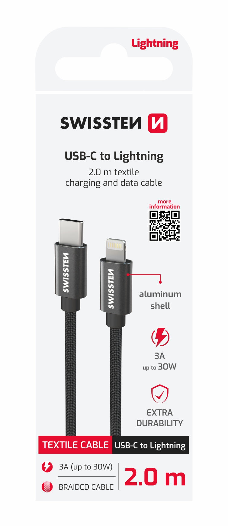 SWISSTEN Mobilkabel USB-C / Lightning C 2m Svart Textil