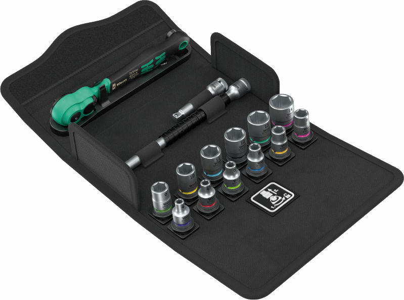 Wera 8100 SA 13 Zyklop Comfort-spärrhandtagssats, omkopplingsspak, 1/4"-fattning, metriska mått 15-delar