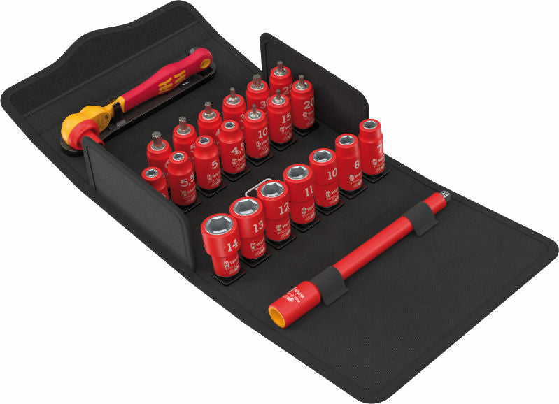 Wera 8100 SA VDE 1 Zyklop Comfort-spärrhandtagssats, omkopplingsspak, 1/4"-fattning, metriska mått 22-delar