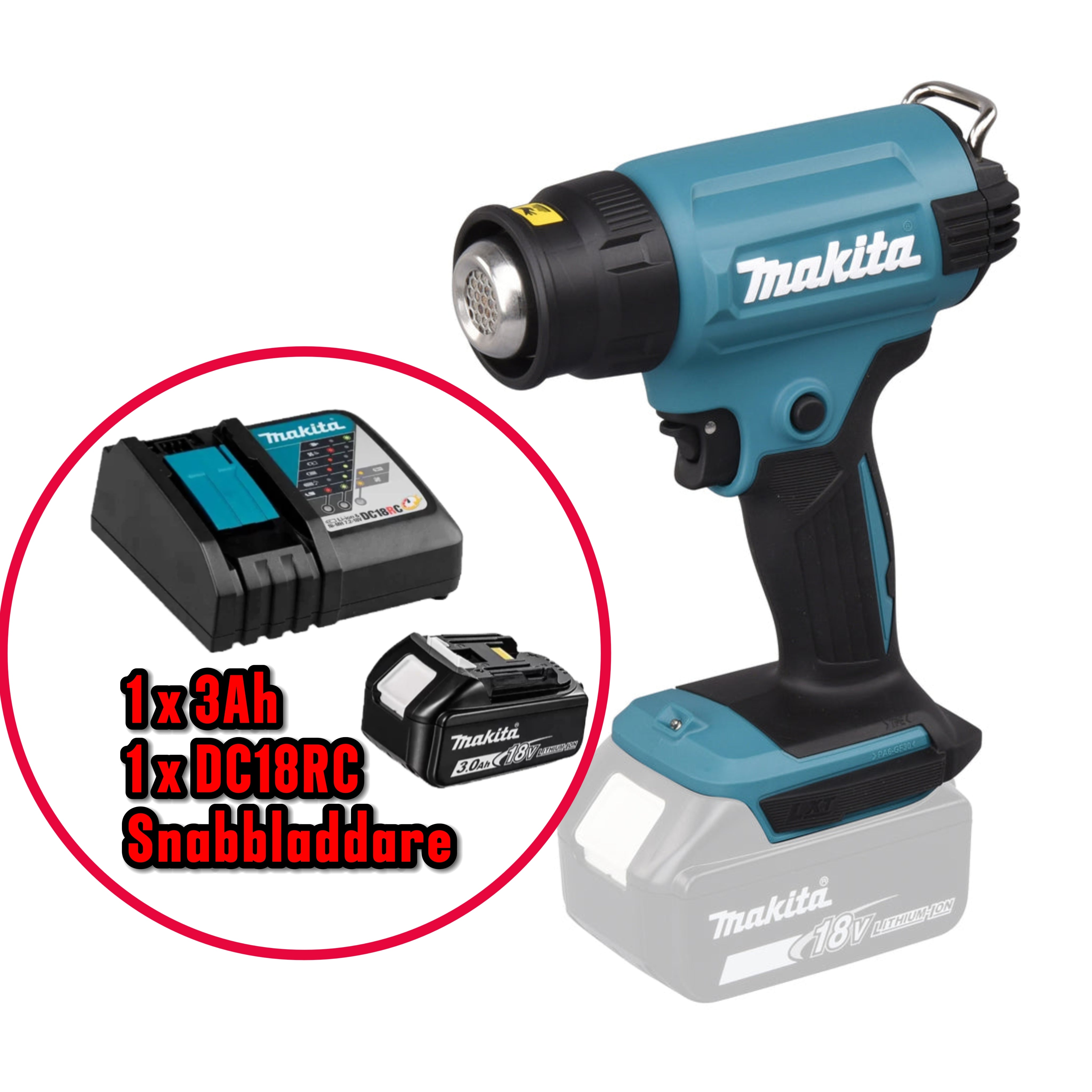 Makita Värmepistol 18V DHG180Z +3Ah batteri & Snabbladdare