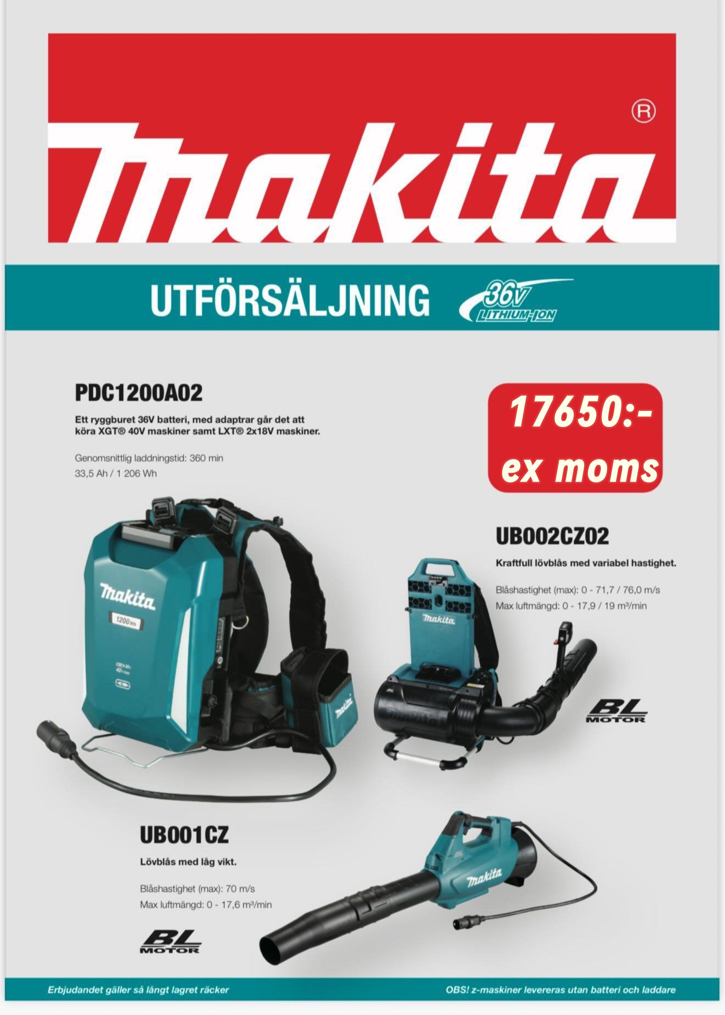 Lövblåspaket med ryggbatteri 36V - UB002CZ02-UB001CZ-PDC1200A02
