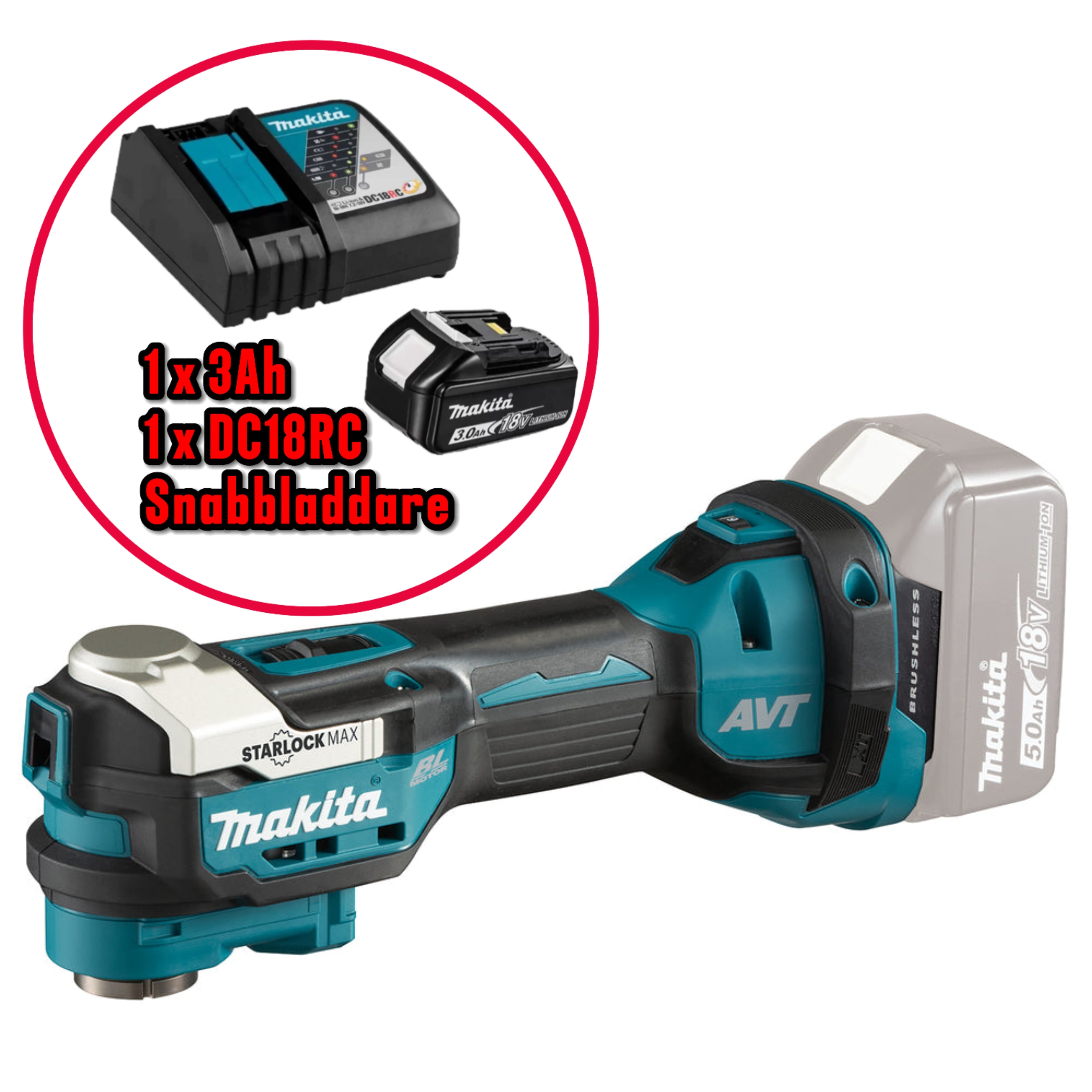 Makita Multiverktyg DTM52Z + 3Ah Powerpack med snabbladdare DC18RC