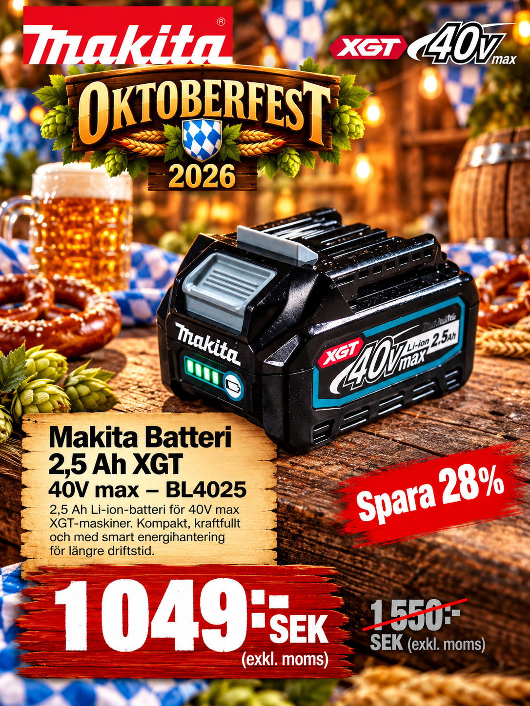 Makita Batteri 2,5 Ah XGT , 40V max, BL4025 - 191B36-3 Oktoberfest
