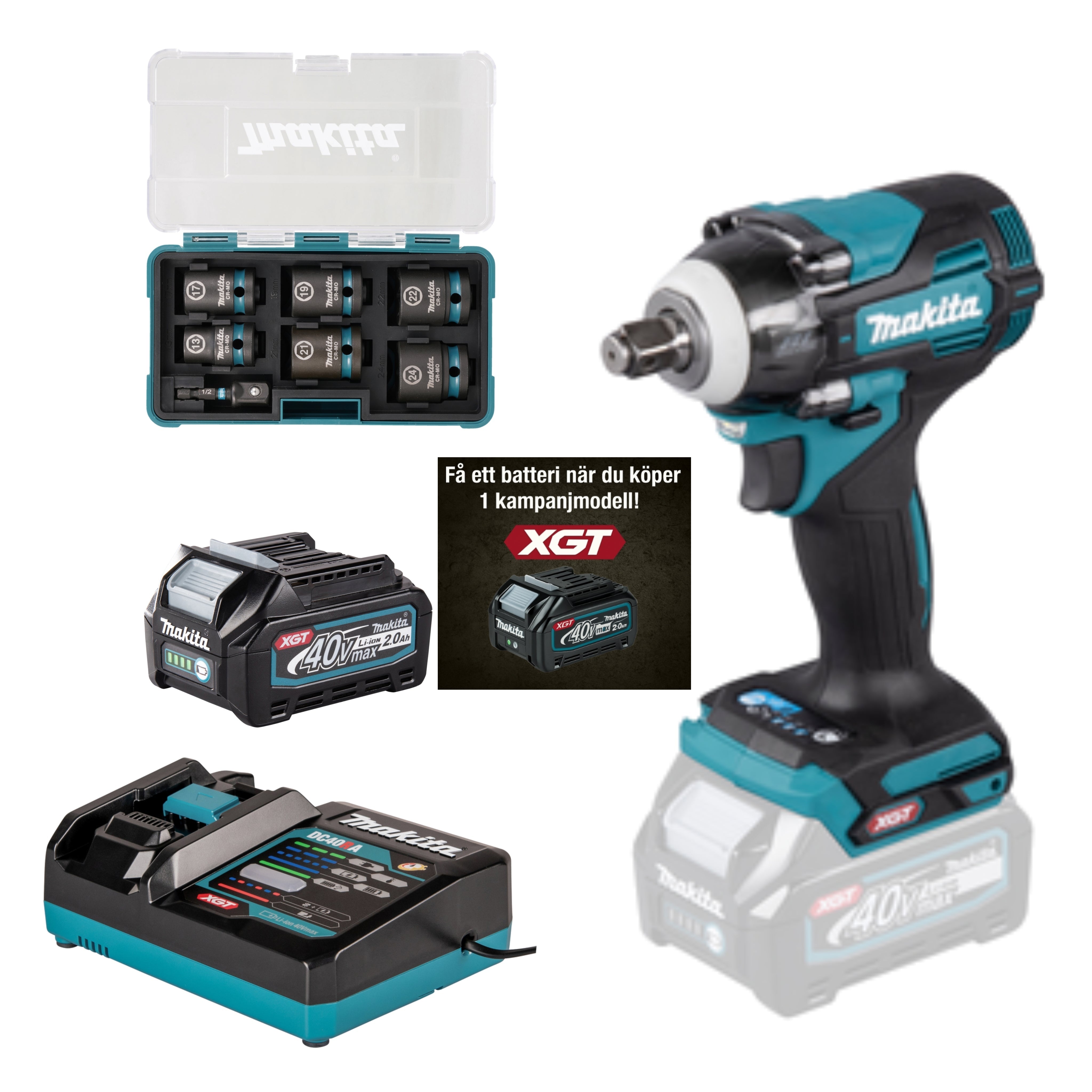 Makita Mutterdragare XGT 40V TW004GZ + 2Ah + Laddare + Krafthylsset E-16592