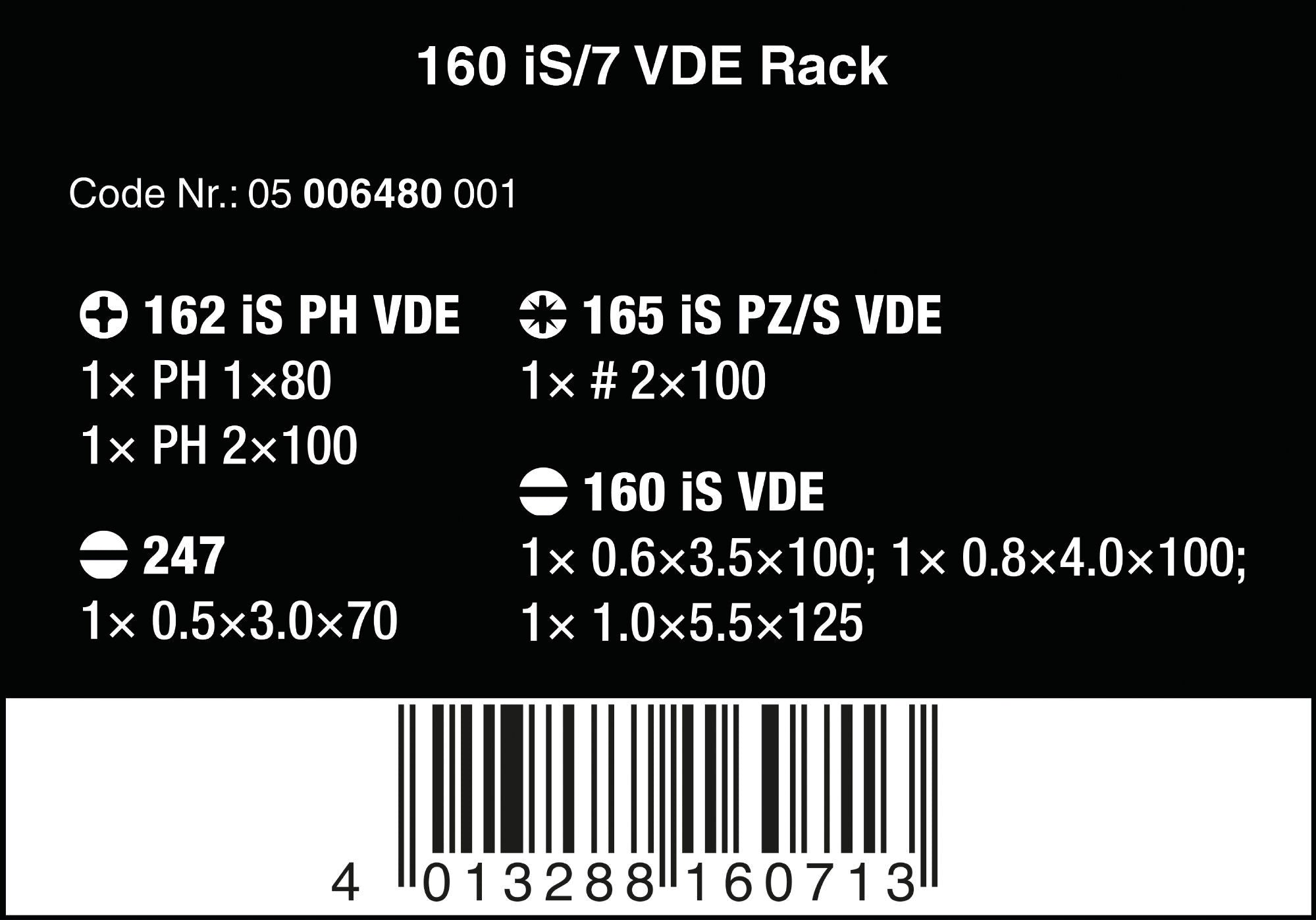 160 iS/7 Rack Skruvmejselsats Kraftform Plus serie 100 + spänningstestare + rack. Med reducerad klingdiameter