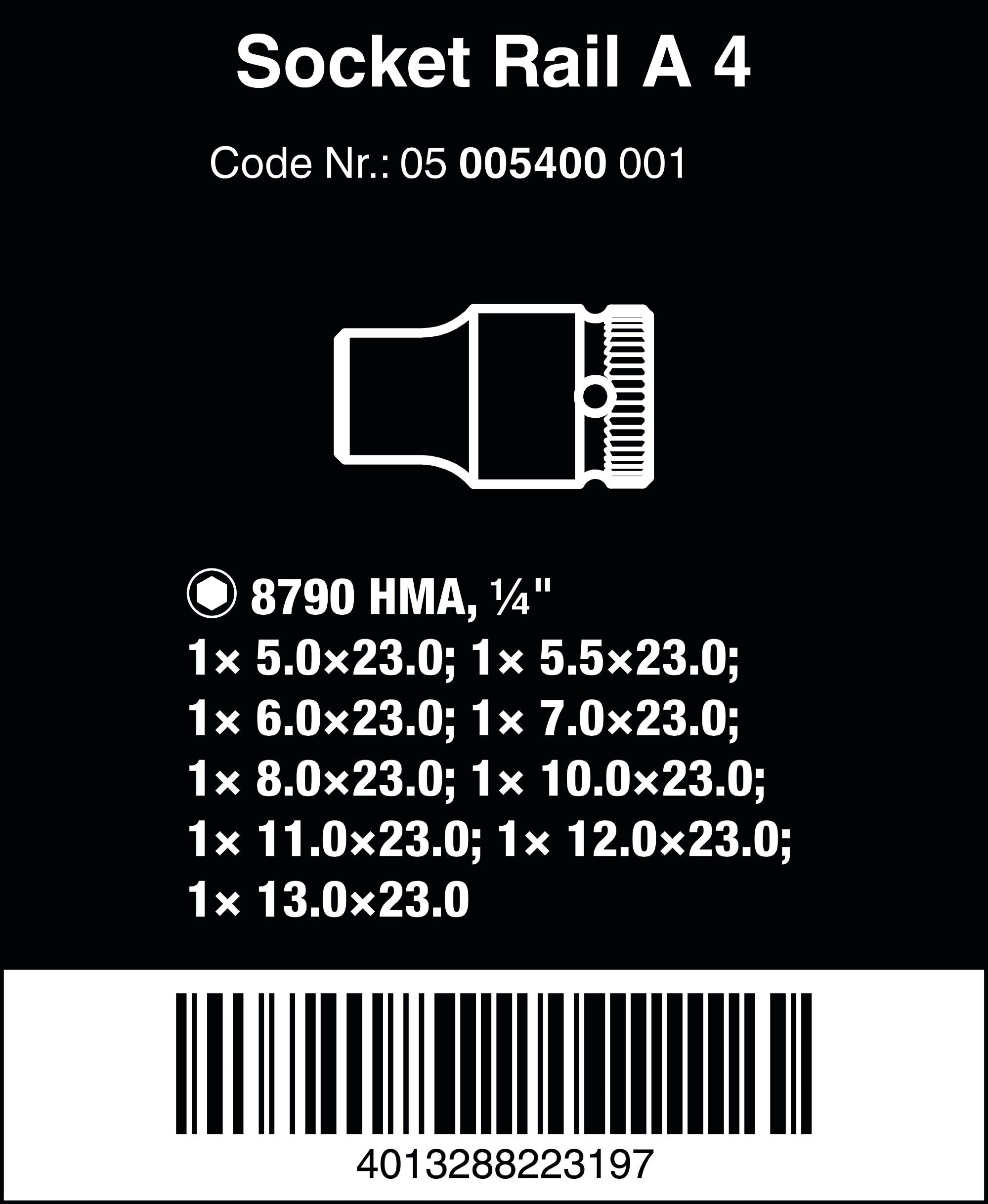 Wera Hyls-magnetlist A 4 Zyklop hylsmejselinsats-sats, 1/4"-fattning, 9 delar