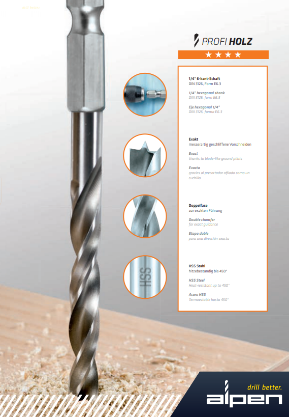 Alpen HSS Profi Holz med 1/4 tums sexkants fäste Ø 3/4/5 mm