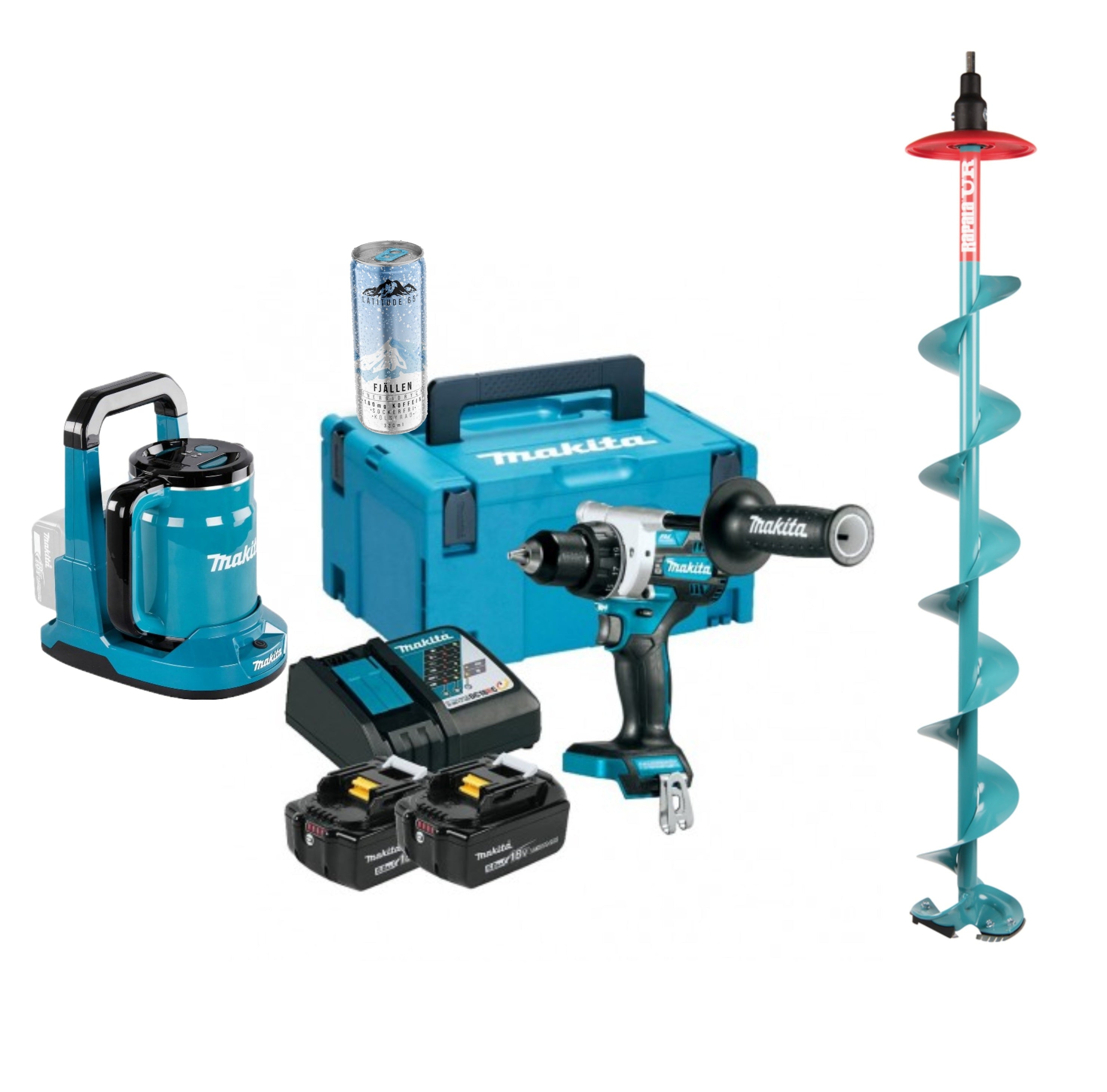 Makita Isborrpaket Borrskruvdragare DDF486RTJ + Isborr + 2x5AH + laddare+ vattenkokare