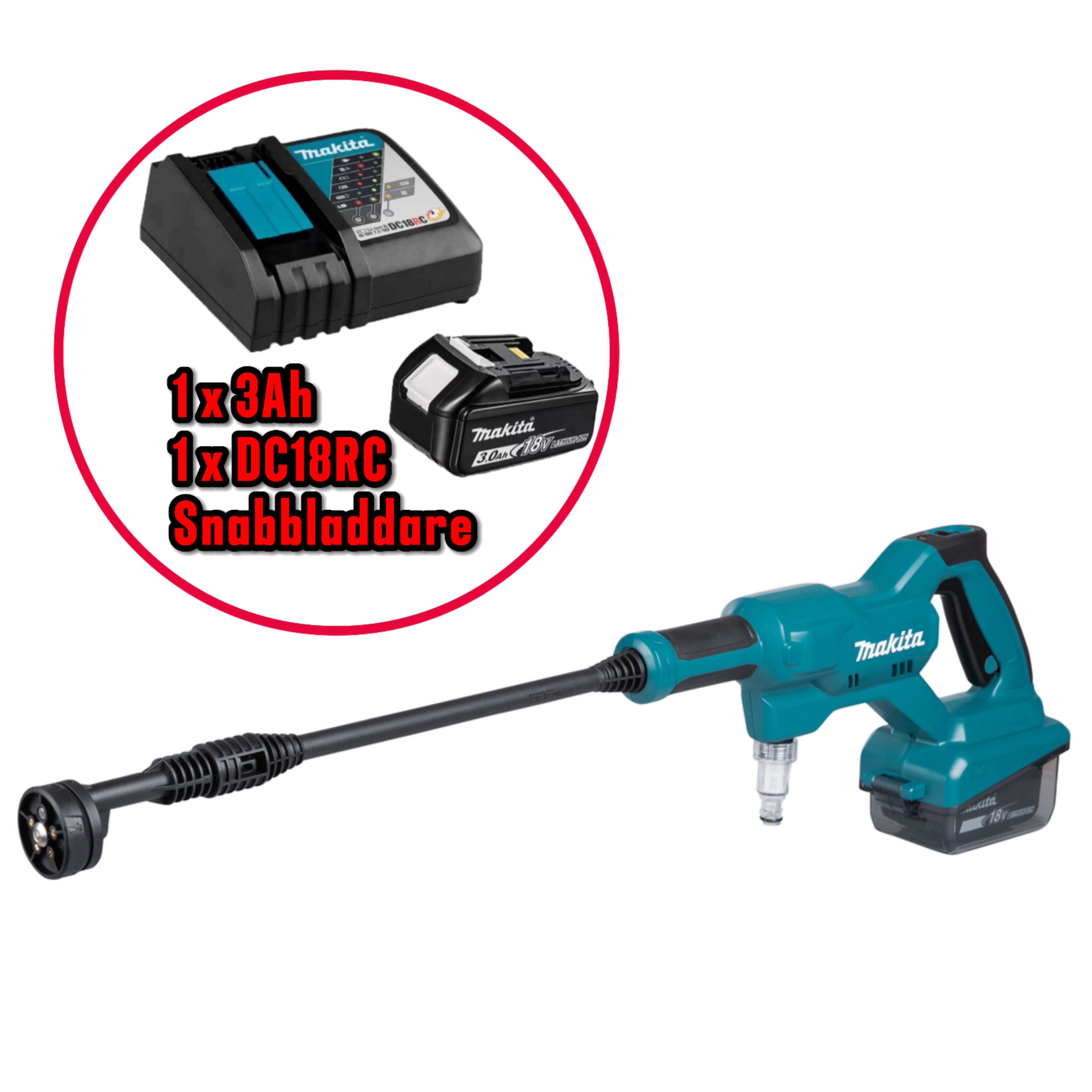 Makita Högtryckstvätt LXT DHW180Z + 3Ah Powerpack med snabbladdare DC18RC