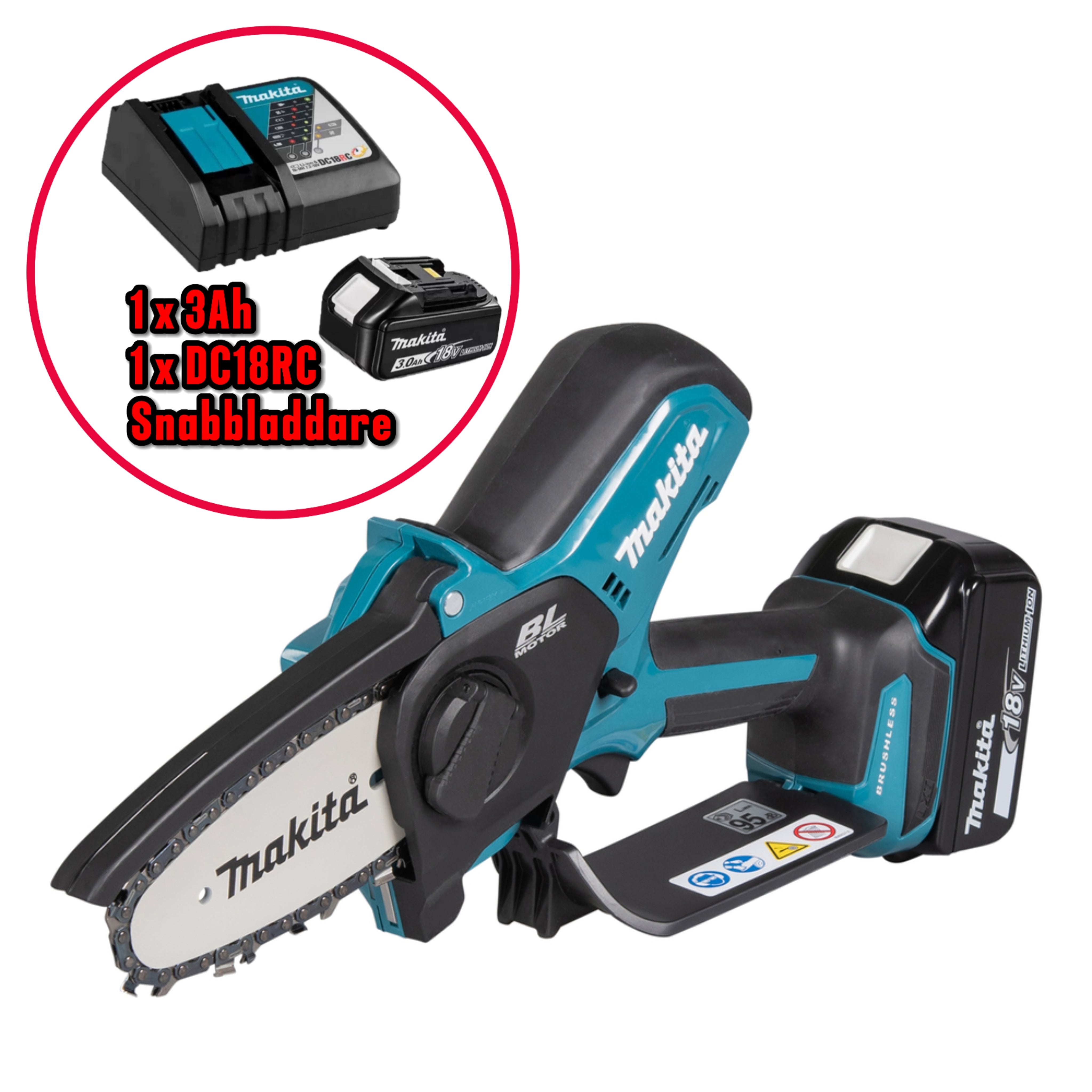 Makita Beskärningssåg Kedjesåg - DUC101Z 18V + 3Ah Powerpack med snabbladdare DC18RC