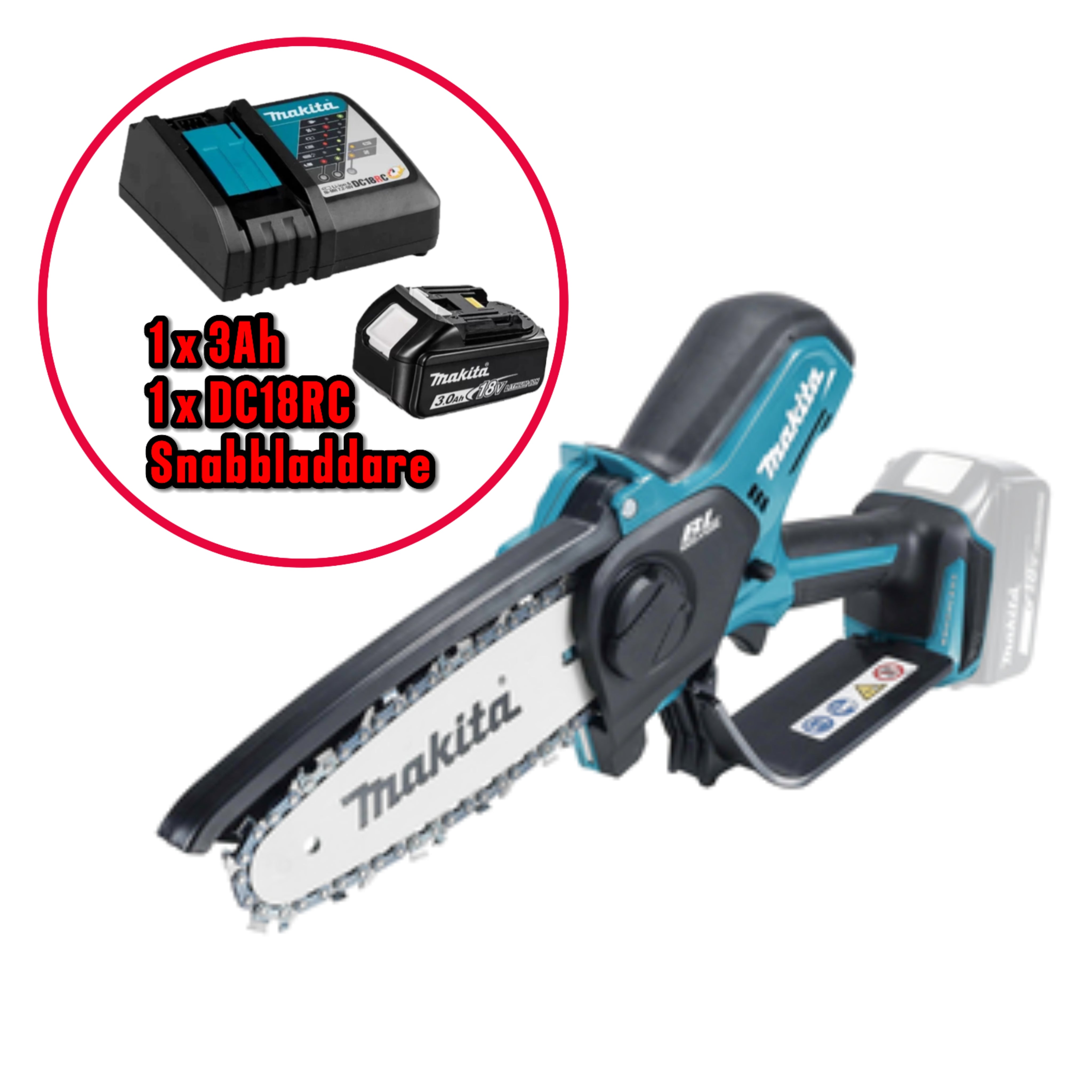 Makita Beskärningssåg Kedjesåg - DUC150Z 18V Naken + 3Ah Powerpack med snabbladdare DC18RC