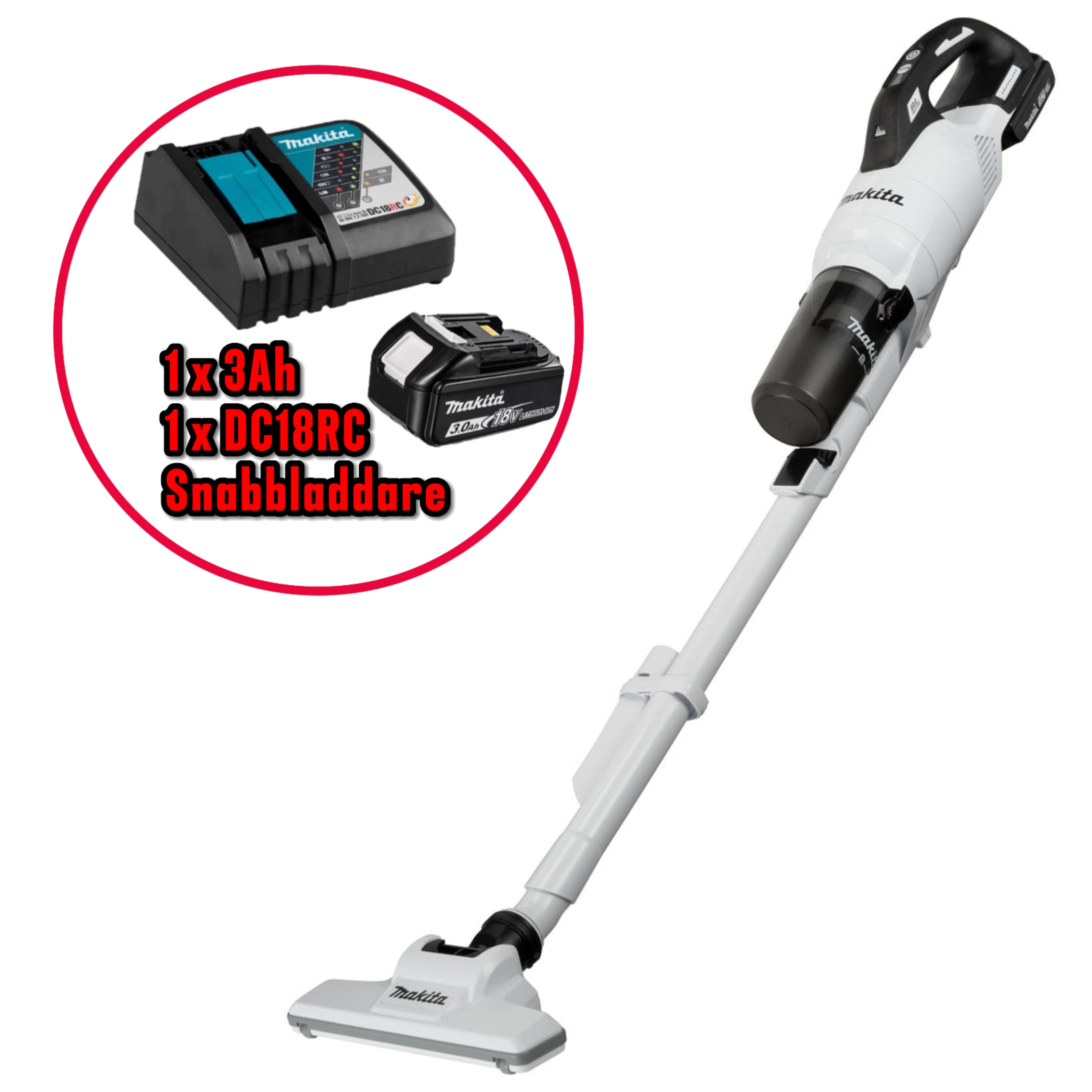 Makita Stickdammsugare 18V DCL286FZW + 3Ah Powerpack med snabbladdare DC18RC