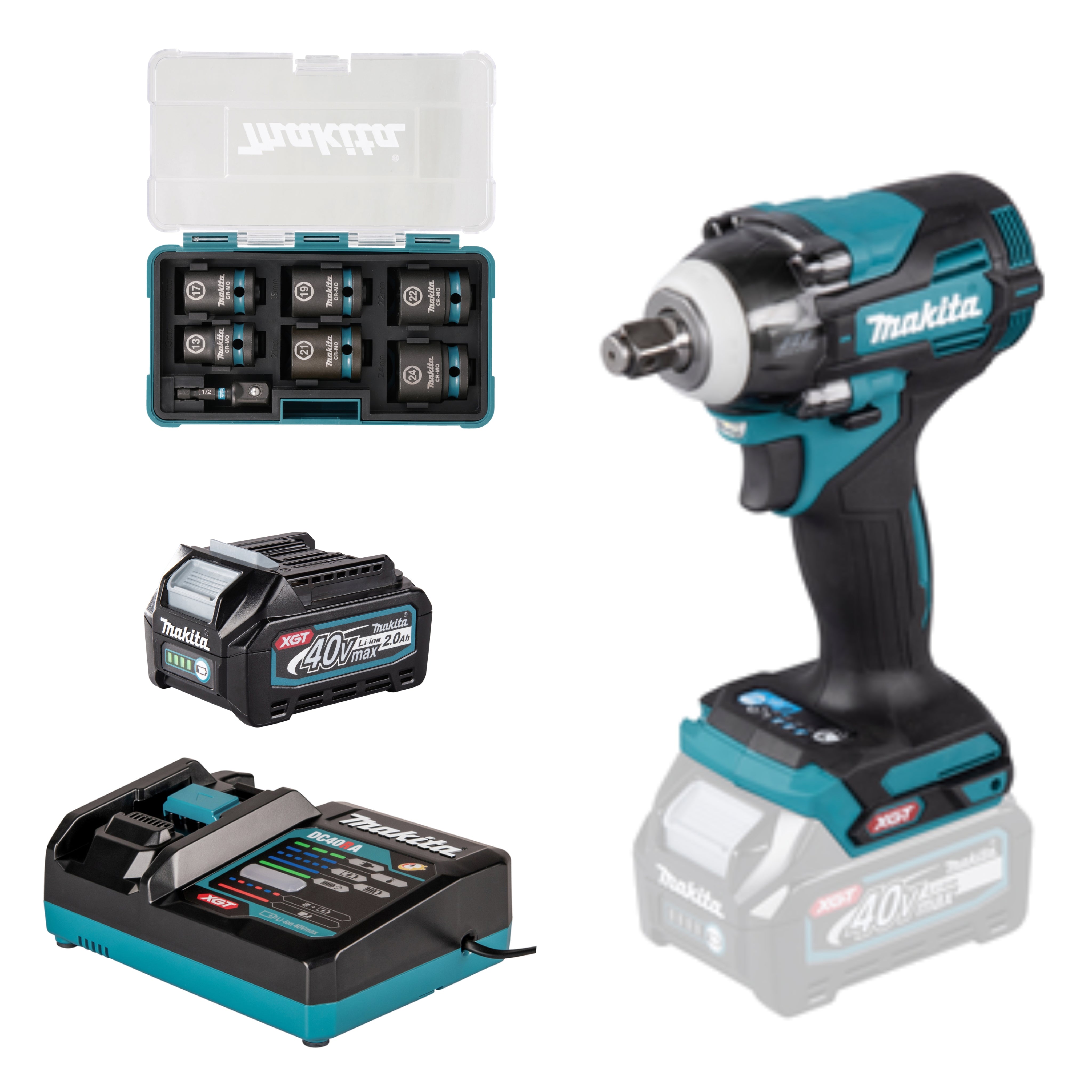 Makita Mutterdragare XGT 40V TW004GZ + 2Ah + Laddare + Krafthylsset E-16592