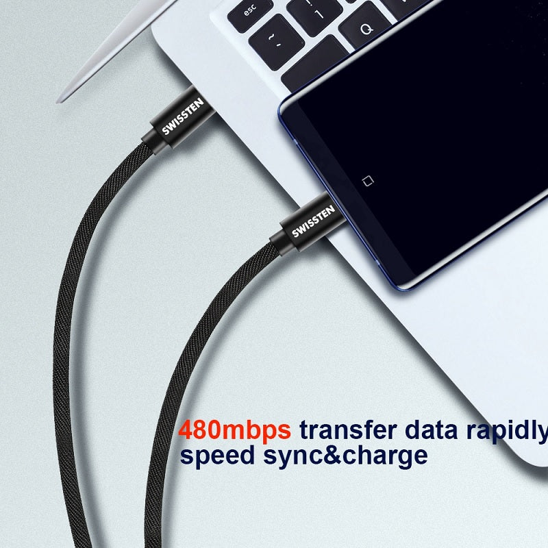 SWISSTEN Mobilkabel USB-C / Lightning C 2m Svart Textil