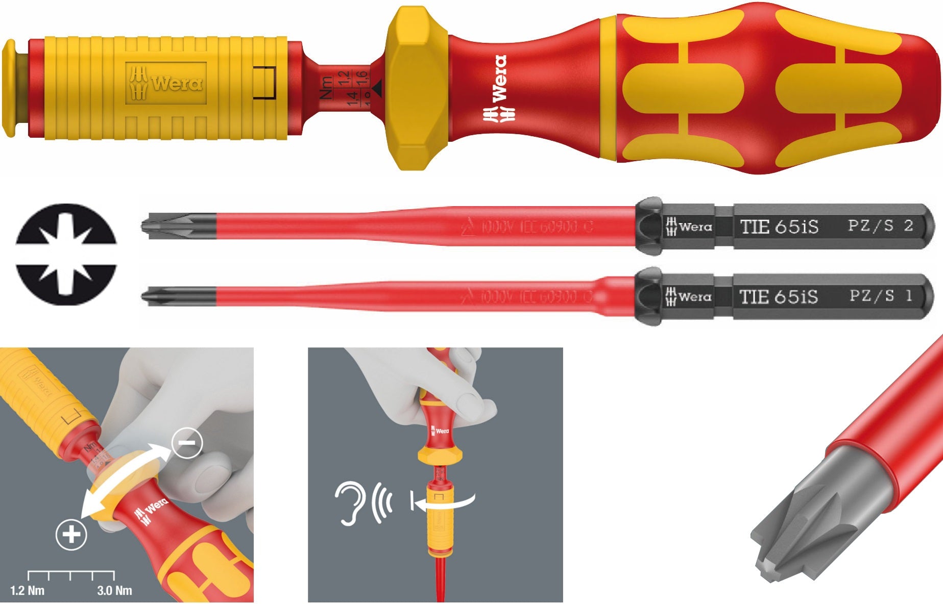 Wera 7400 VDE momenthandtag (1,7–3,5 Nm) + 2 slimmade klingor PZ/S 1x157 och 2x157