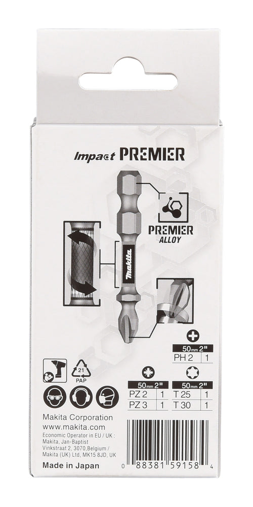 Makita Impact Premier Bits, 5 pack, PH2 / PZ2 - 3 / T25 / T30, 50 mm, 1/4" E-13568