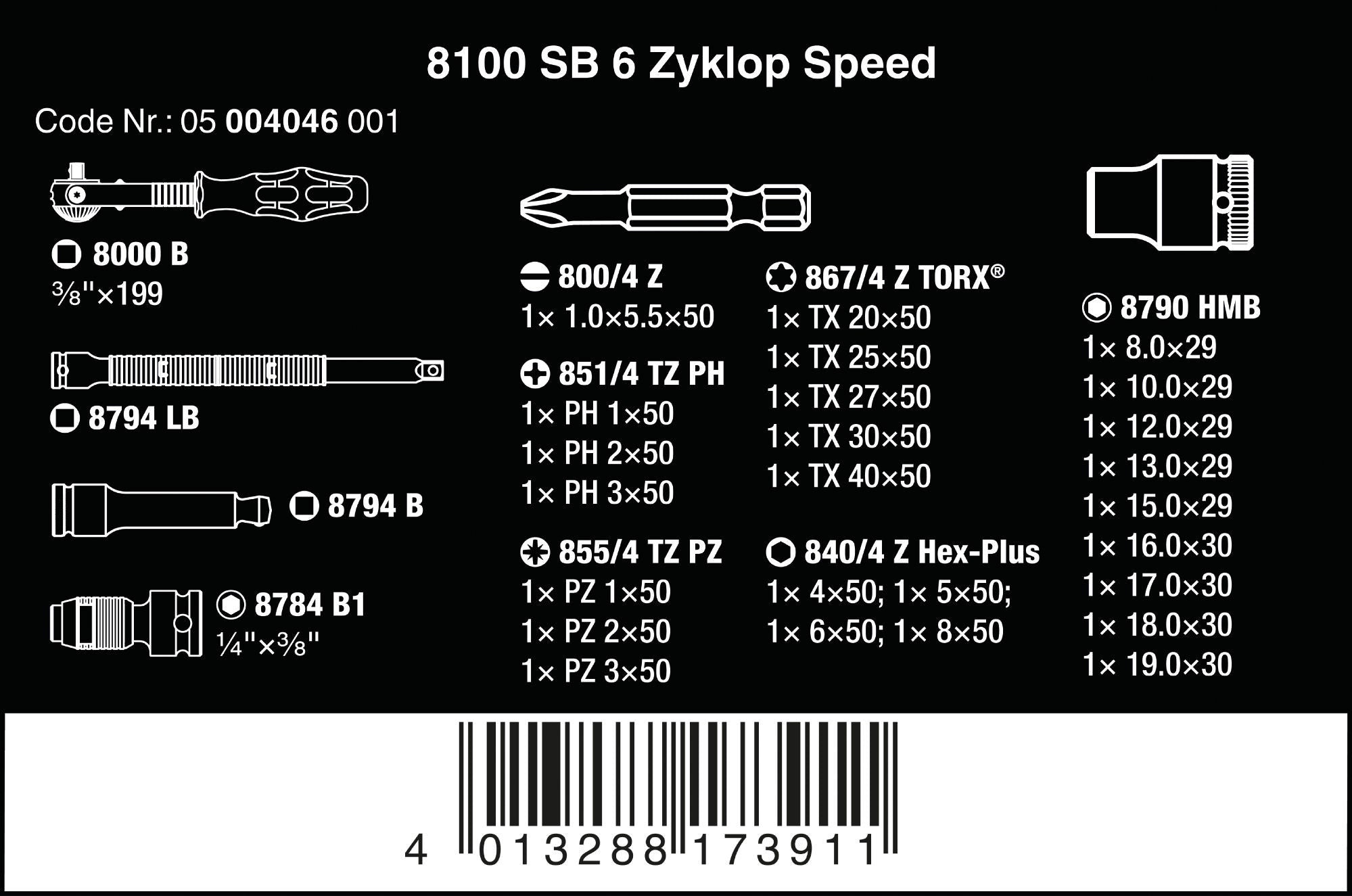 Wera 8100 SB 6 Zyklop Speed-spärrhandtagssats, 3/8"-fattning, metriska mått