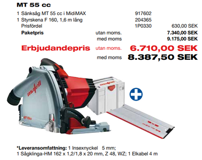 Mafell Sänksåg MT 55 cc MidiMAX 230V i T-MAX Kampanj med 1,6m styrskena