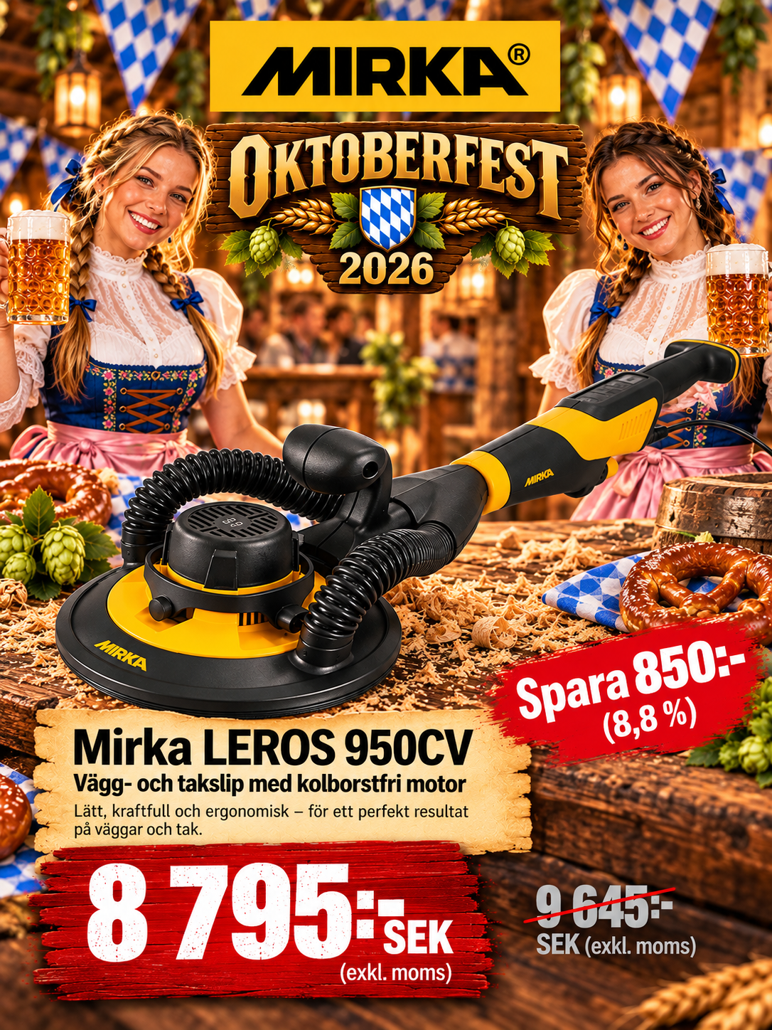 Mirka LEROS-S 950CV Kort Väggslipmaskin 225mm, 5,0 utan väska
