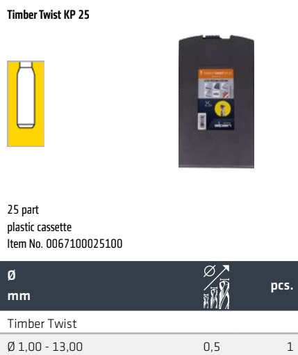 Alpen Timber Twist KP 25 - Kassett med 25 st träborrar, diameter 1.0 - 13.0 mm 0,5mm steg