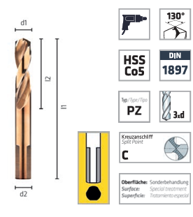 Alpen HSS PZ-Cobalt stub drills GRIP Popnitborr, DIN 1897 PZ