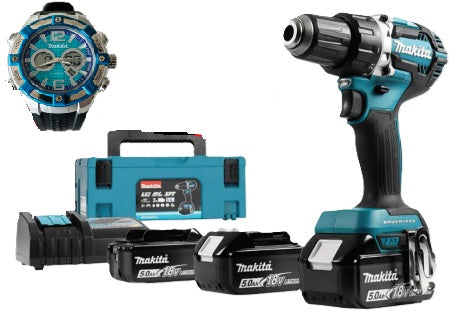 DDF484RT3J Skruvdragare 3x5Ah, laddare, makpac & Makita watch