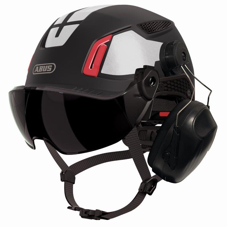 ABUS Skyddshjälm Spector Titan med tonat visir, hörselkåpor och reflex