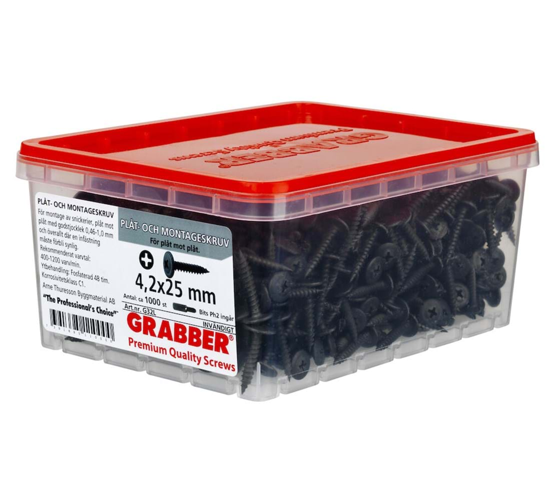 Grabber G32L  4,2x25 1000-pack svart huvud Plåt- och Montageskruv Inomhus