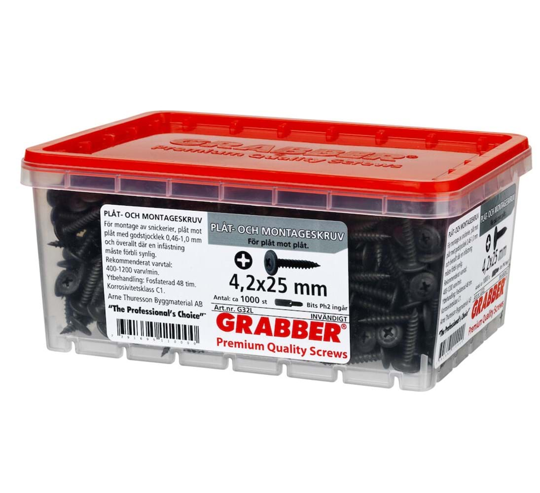 Grabber G32L  4,2x25 1000-pack svart huvud Plåt- och Montageskruv Inomhus