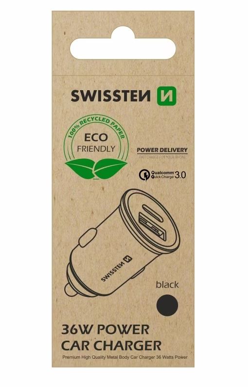 SWISSTEN Billaddare Cigg Adapter USB-C+ QUICK CHARGE 3.0 36W, Svart