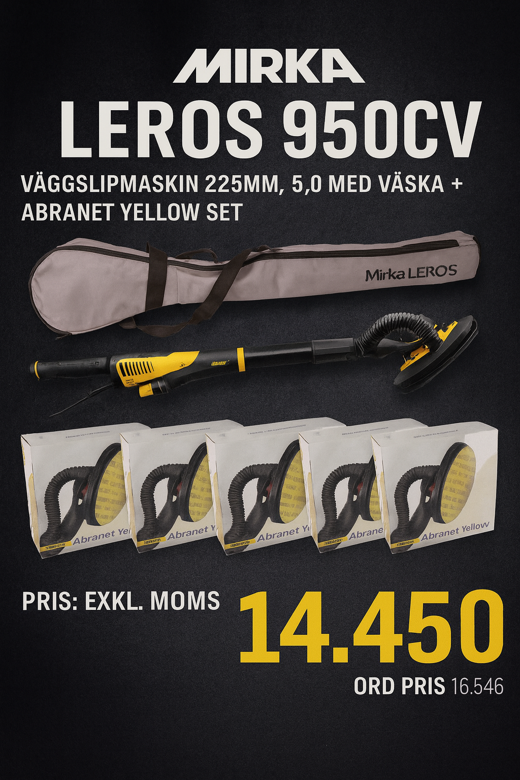 Mirka LEROS 950CV Väggslipmaskin 225mm, 5,0 med väska + 5x20p Abranet Yellow medium