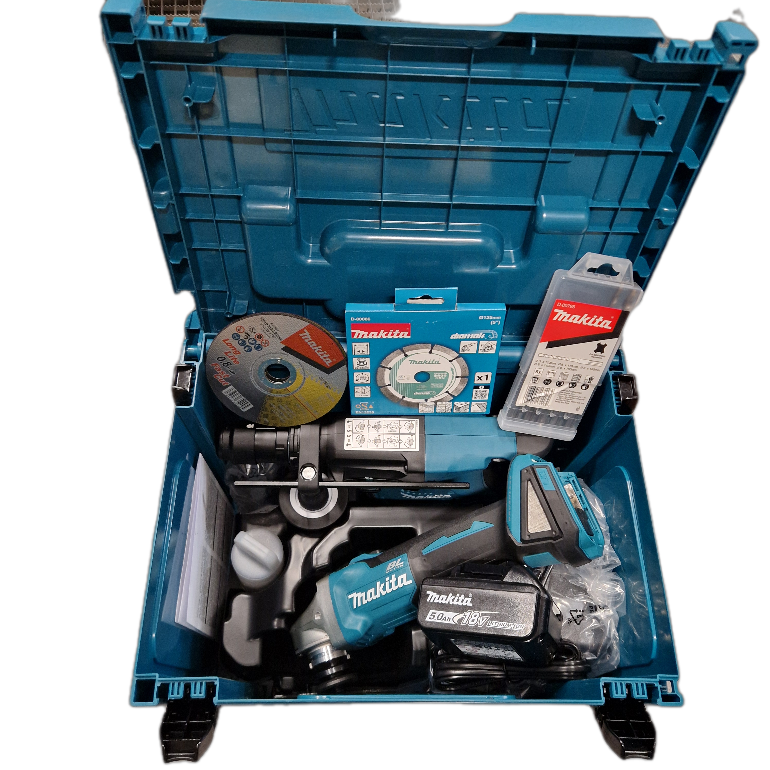 Makitapaket Kombihammare DHR243 + Vinkelslip DGA504 +2x5Ah + Snabbladdare