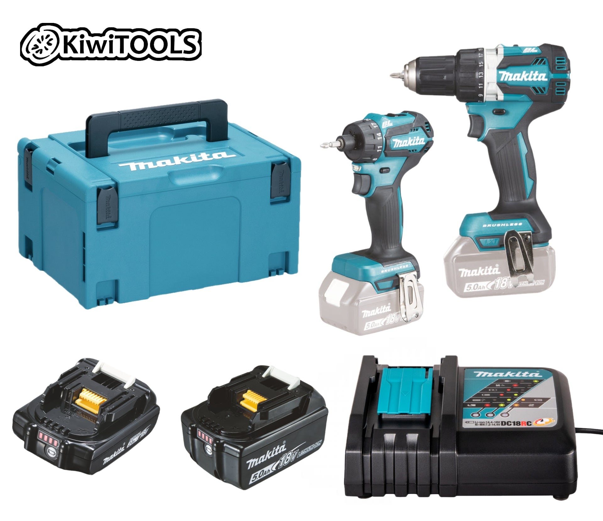 Makita Combokit Borrskruvdragare DDF484+ DDF083 laddare 5Ah 2Ah Makpac DDF484-DDF083RATJ 18V