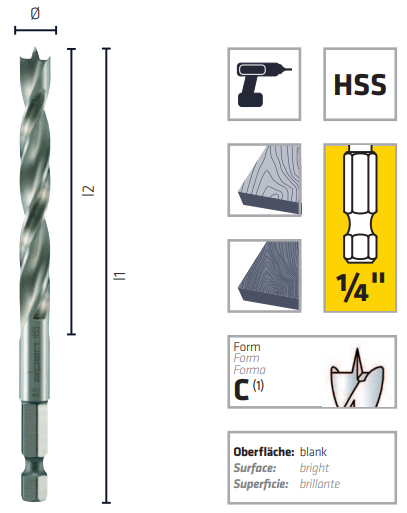 Alpen HSS Profi Holz med 1/4 tums sexkants fäste Ø 3/4/5 mm