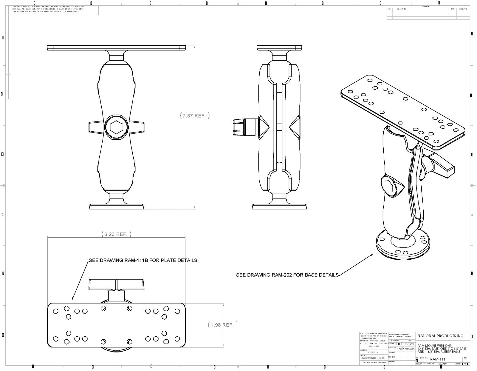 Ekolod- / Plotterfäste RAM 1.5" Ball Mount with 6.25" X 2" Rectangle Base, Medium LENGTH Double Socket Arm & 2.5" Round Base AMPs Hole Pattern  RAM-111U