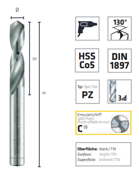 Alpen HSS Cobalt stub drills, DIN 1897 PZ. Diameter från 2.0-8.0 mm