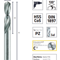 Alpen HSS Cobalt stub drills, DIN 1897 PZ. Diameter från 2.0-8.0 mm