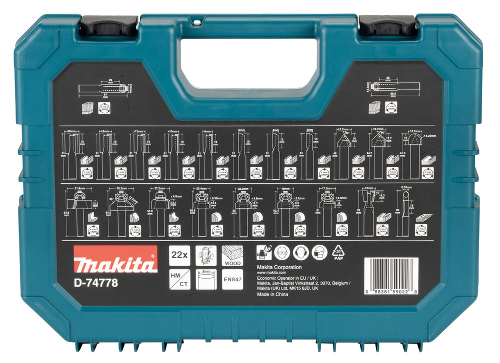 Makita Frässet Överfräsbitssats, 8 mm, 22 delar D-74778