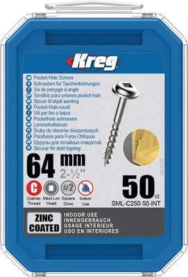 Kreg Pocket-Hole Screws 64 mm, Zinc Coated, Maxi-Loc, Coarse Thread, 50 piece SML-C250-50-INT