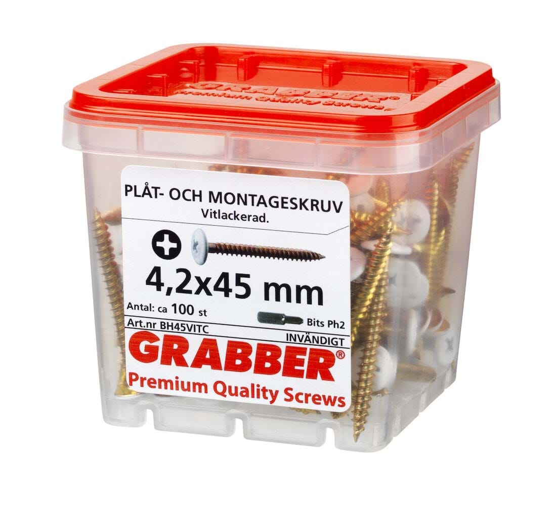 Grabber  BH45VITC 4,2x45 100-pack vitt huvud Plåt- och Montageskruv Inomhus