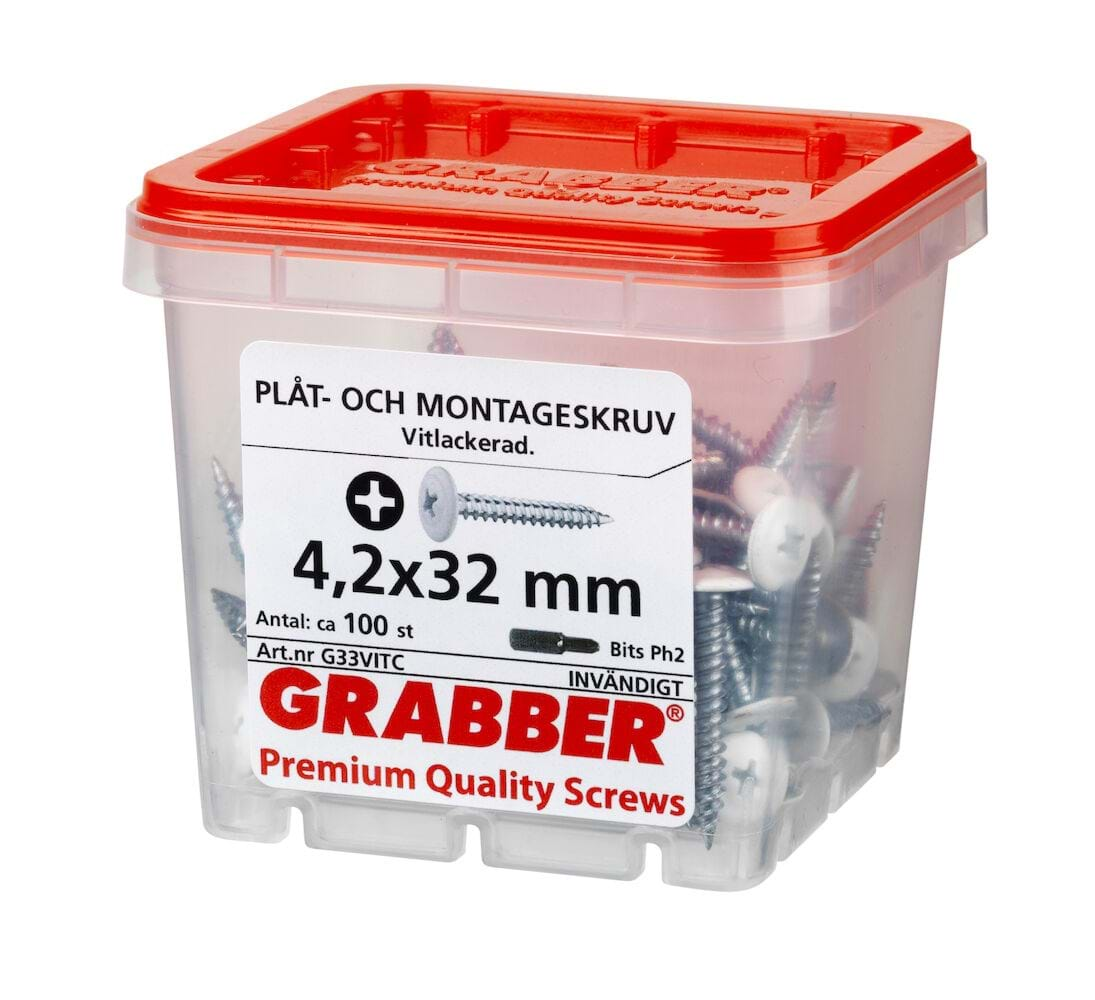 Grabber G33VITC  4,2x32 100-pack vitt huvud Plåt- och Montageskruv Inomhus