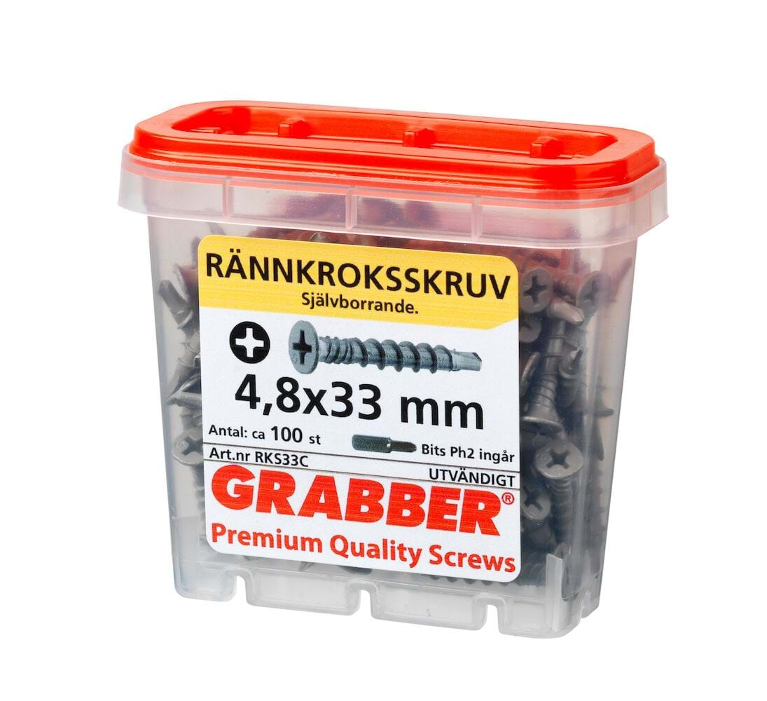 Grabber RKS33C 4,8 mm x 33 mm Rännkroksskruv/självborrande specialskruv mot trä och stål Utomhusskruv